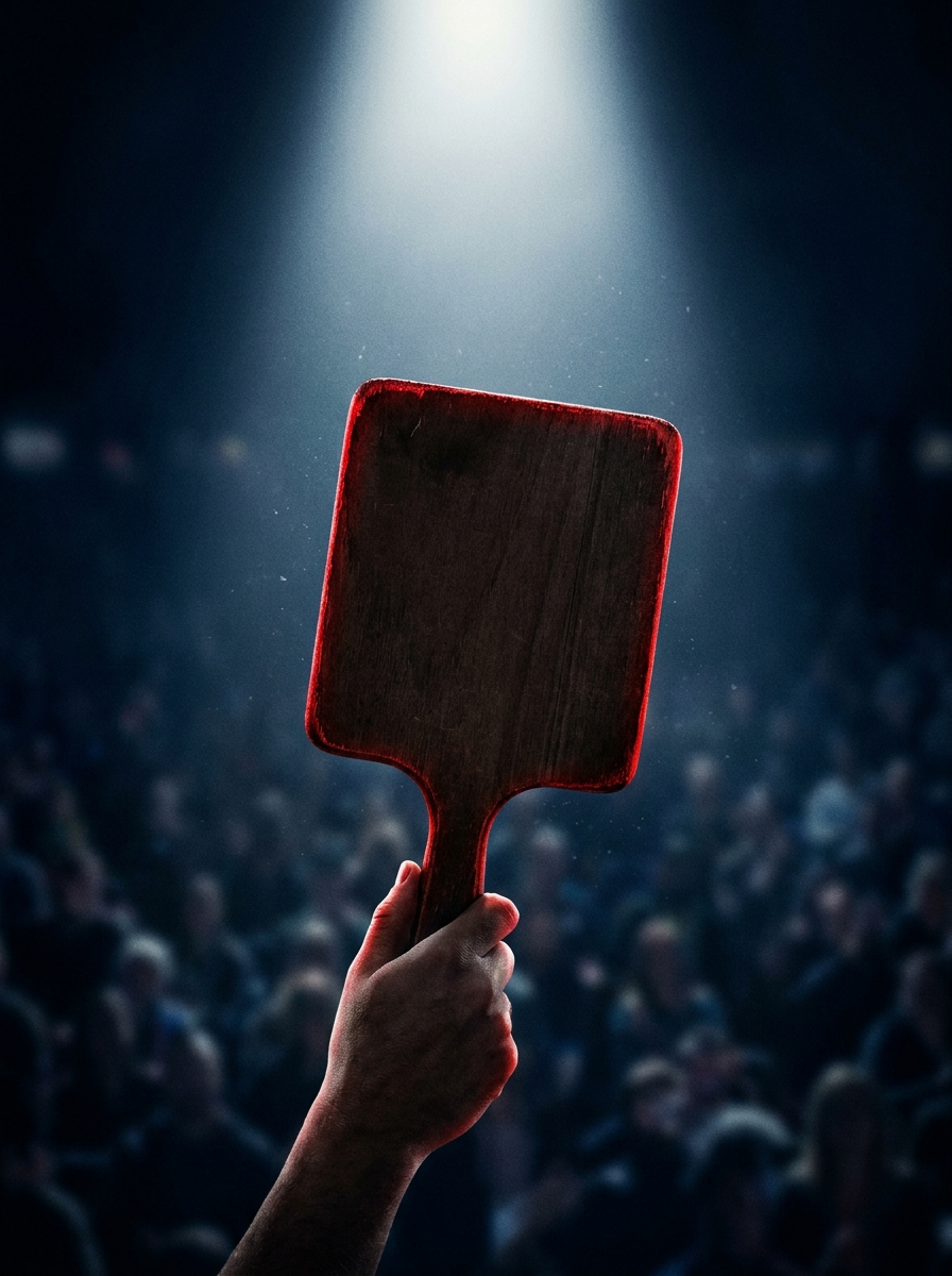A raised auction paddle under a spotlight