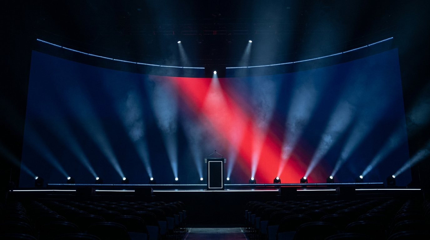 Empty draft night arena stage under navy and scarlet spotlights
