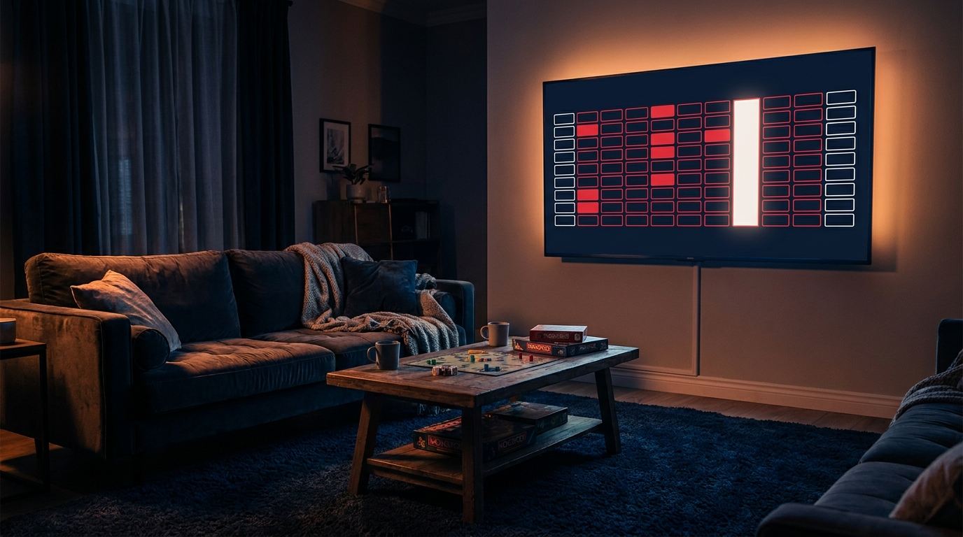 A dark living room lit by a television showing a glowing draft board