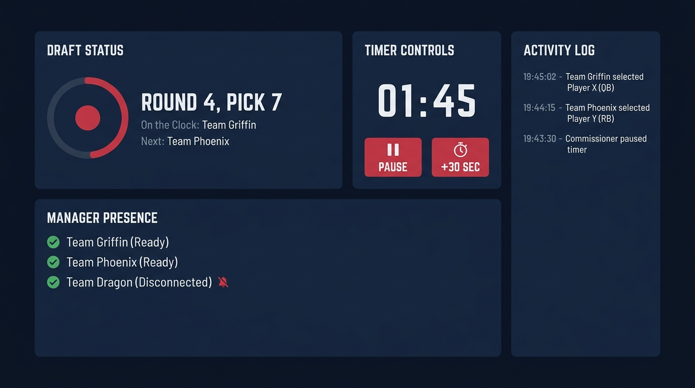 Commissioner console with draft status, timer controls and an activity log
