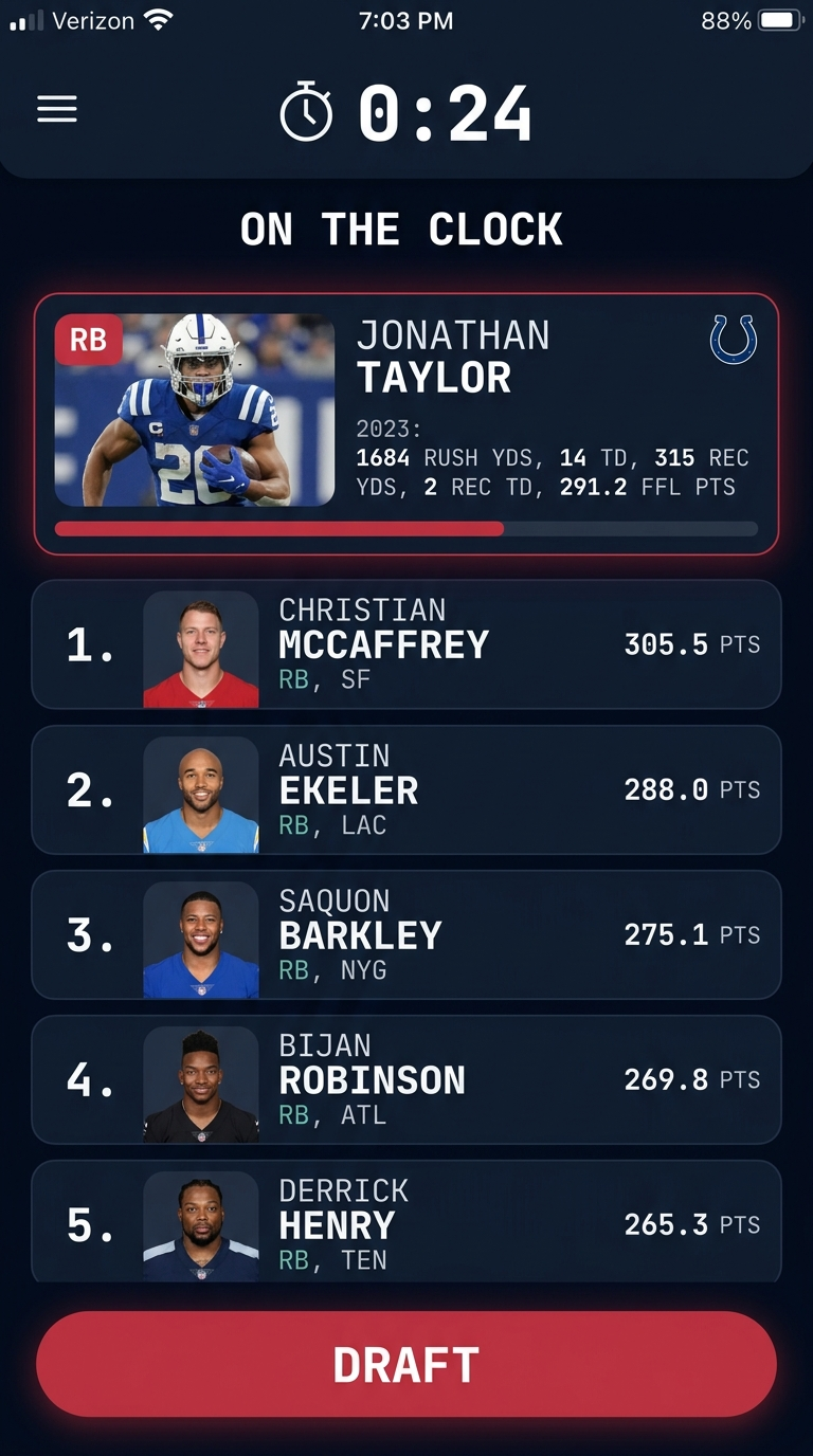 Manager phone app showing the on-the-clock timer and a ranked player list