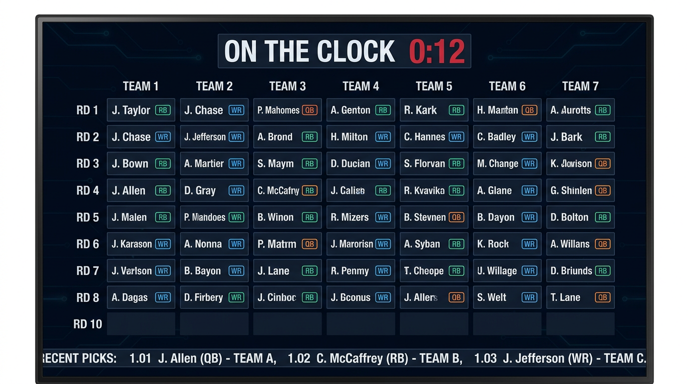 Television draft board with team columns, round rows and a pick ticker